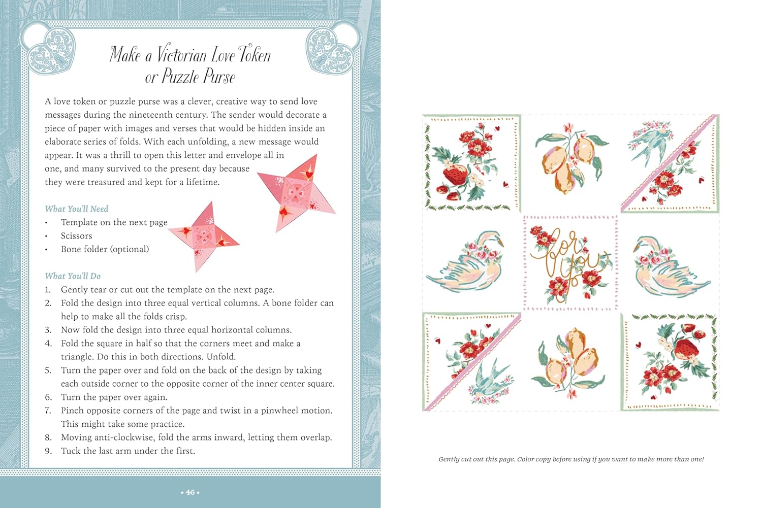 Page from book showing templates for a Victorian love token or puzzle purse with decorative designs.