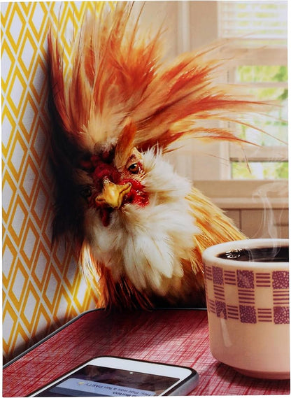 front of card with image of a rooster leaning its head against a wall with a cup of steaming coffee on the table in front of him.