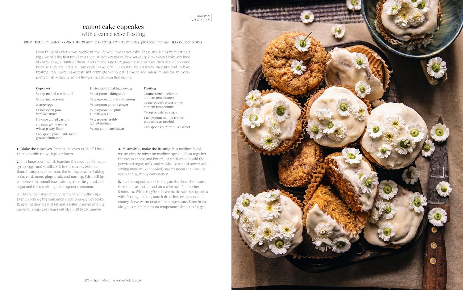 open book with image of Carrot cake cupcakes with cream cheese frosting on a tray, alongside a recipe.