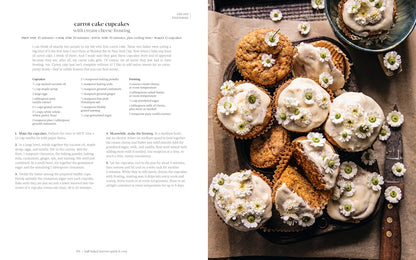 open book with image of Carrot cake cupcakes with cream cheese frosting on a tray, alongside a recipe.
