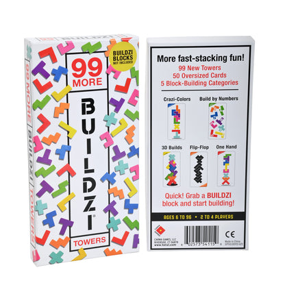 The image shows a box and a set of '99 More Buildzi Towers' game cards, featuring colorful geometric shapes and a logo.