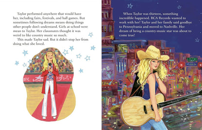 inside pages of Taylor Swift: A Little Golden Book Biography with illustrations and text of taylor as a young gilr.