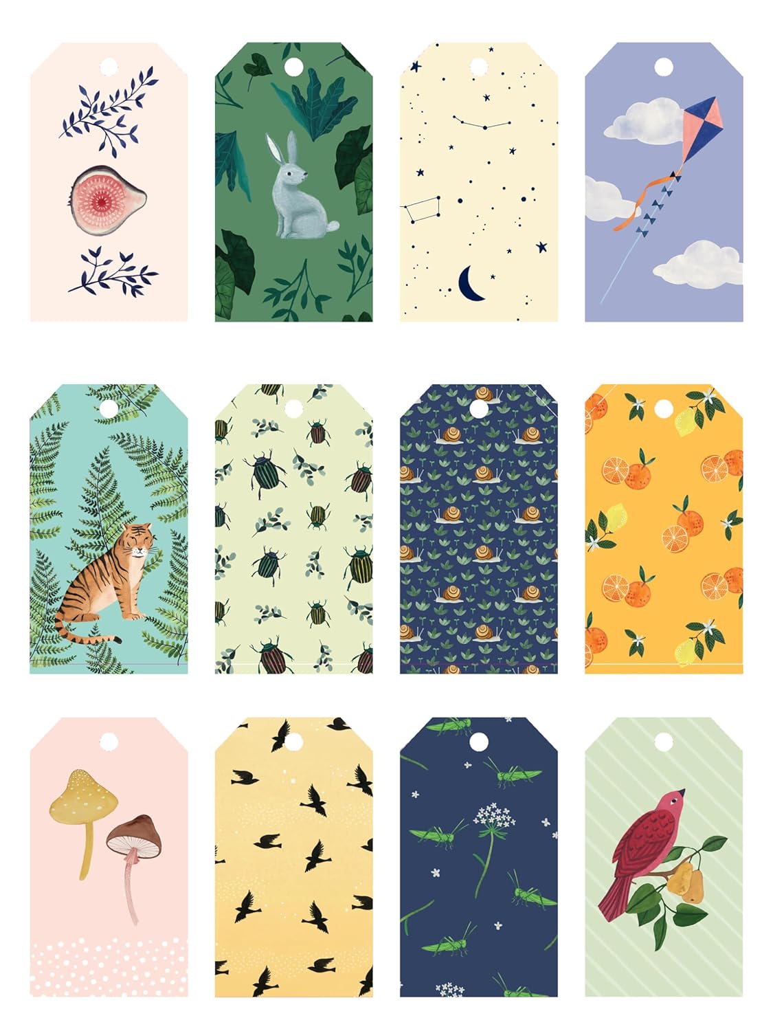 Collection of colorful gift tags with various designs on a white background