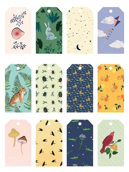 Collection of colorful gift tags with various designs on a white background