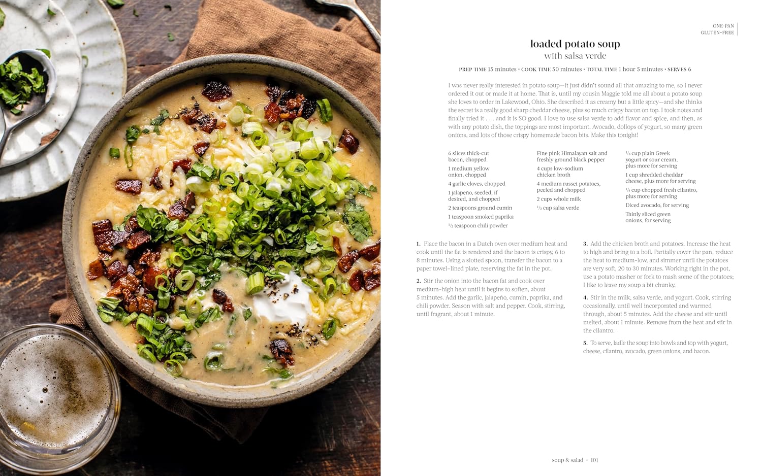 open book with image of Bowl of loaded potato soup with a recipe on the side