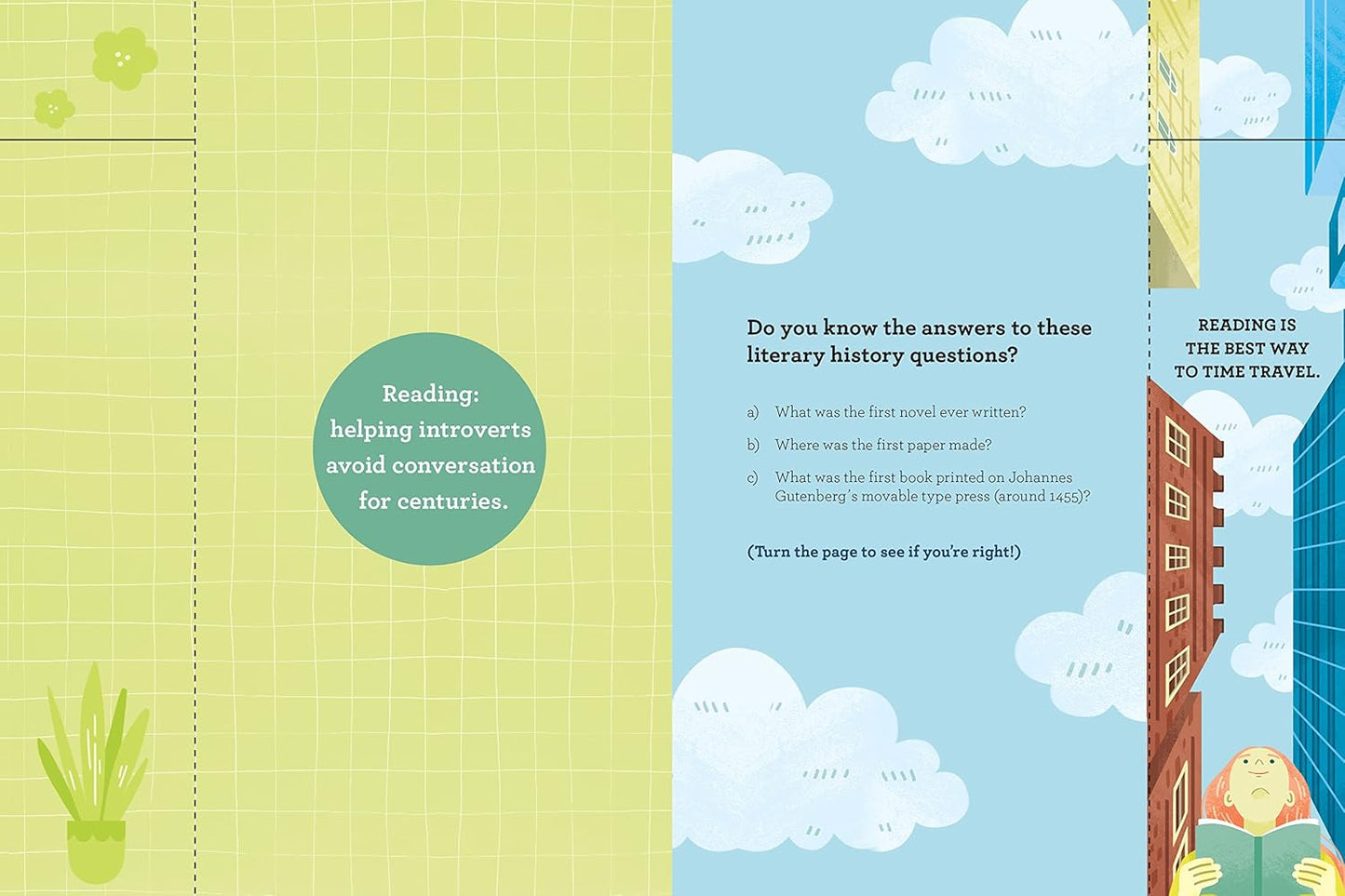 green and blue pages of the book with images and text