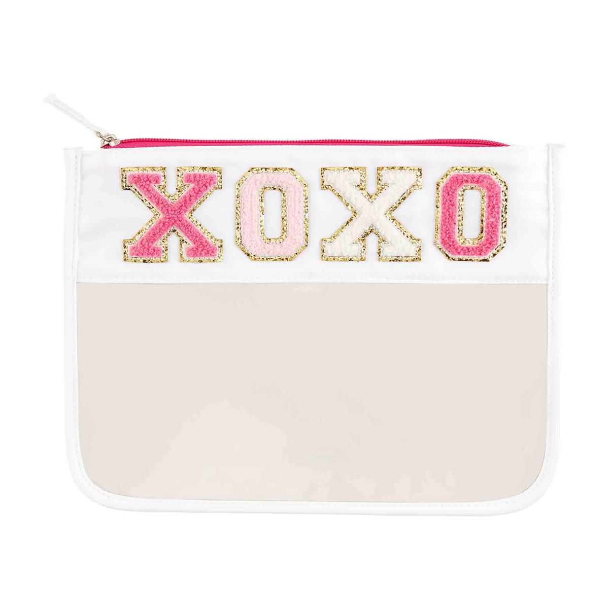 white xoxo and clear patch cases displayed on a white background