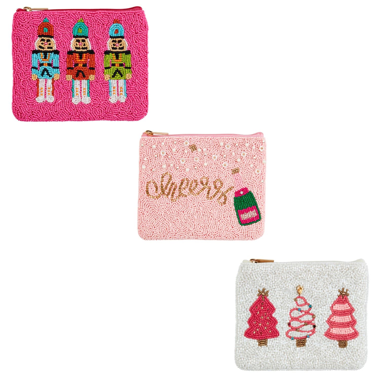 3 styles of beaded christmas zipper bags.