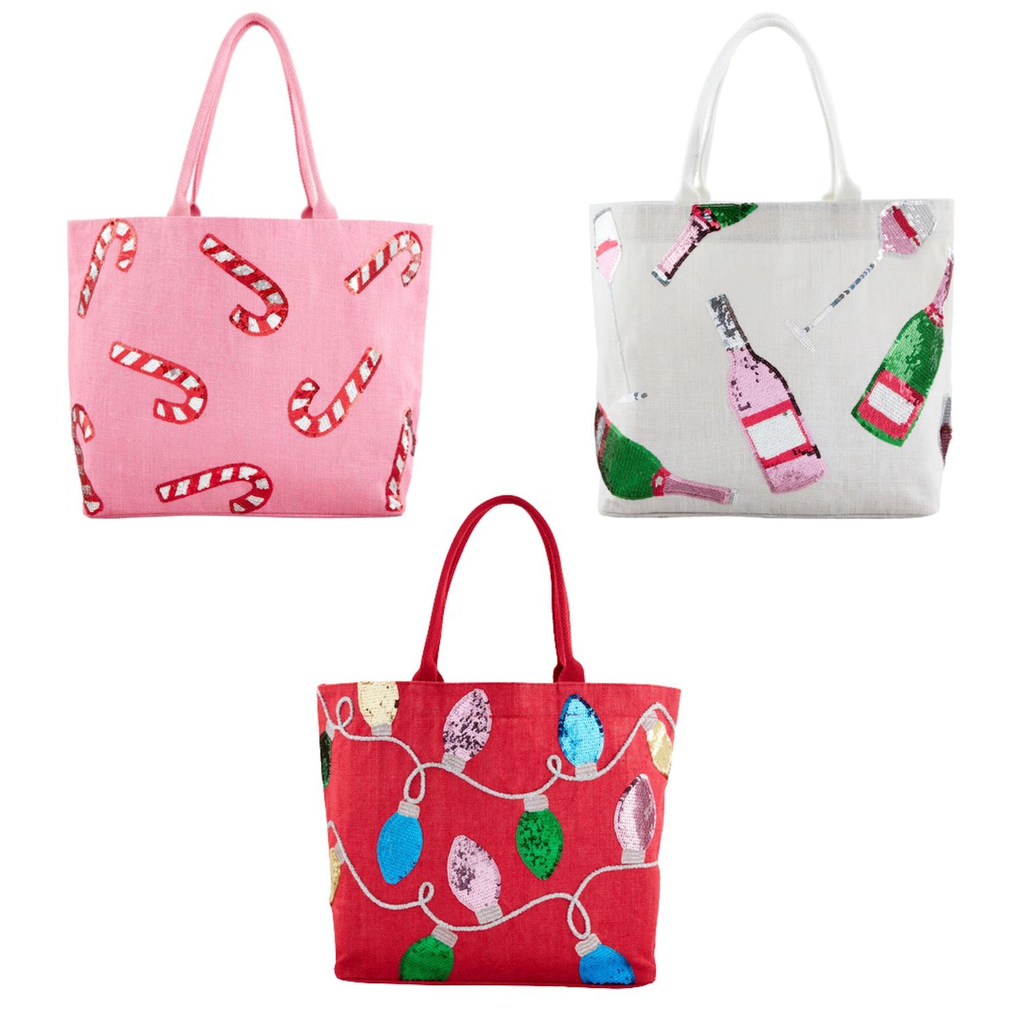 3 styles of holiday sparkle totes on a white background.