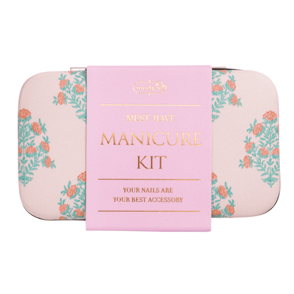 blush manicure kit case with pink and green floral design