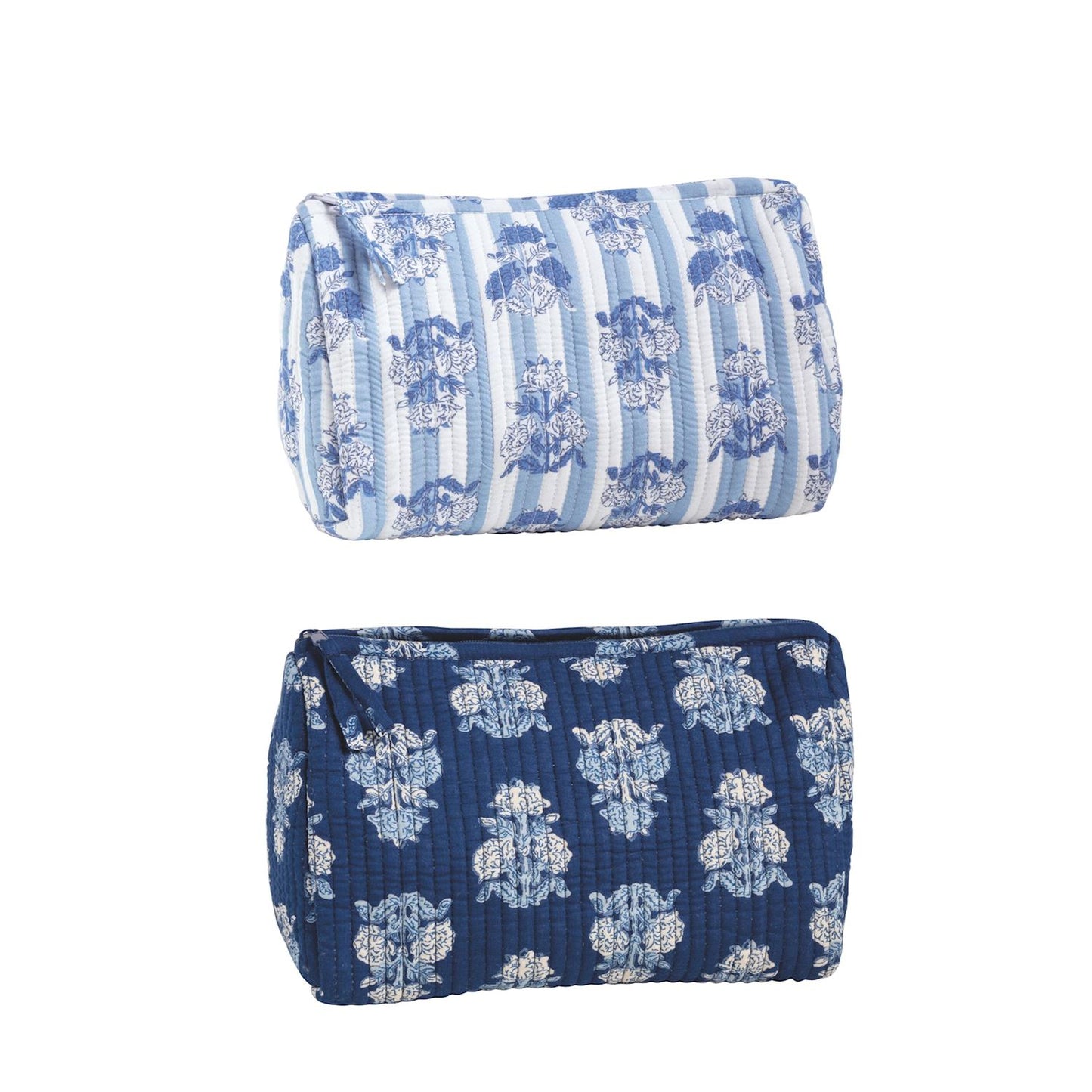 light blue fabric case above a navy fabric case