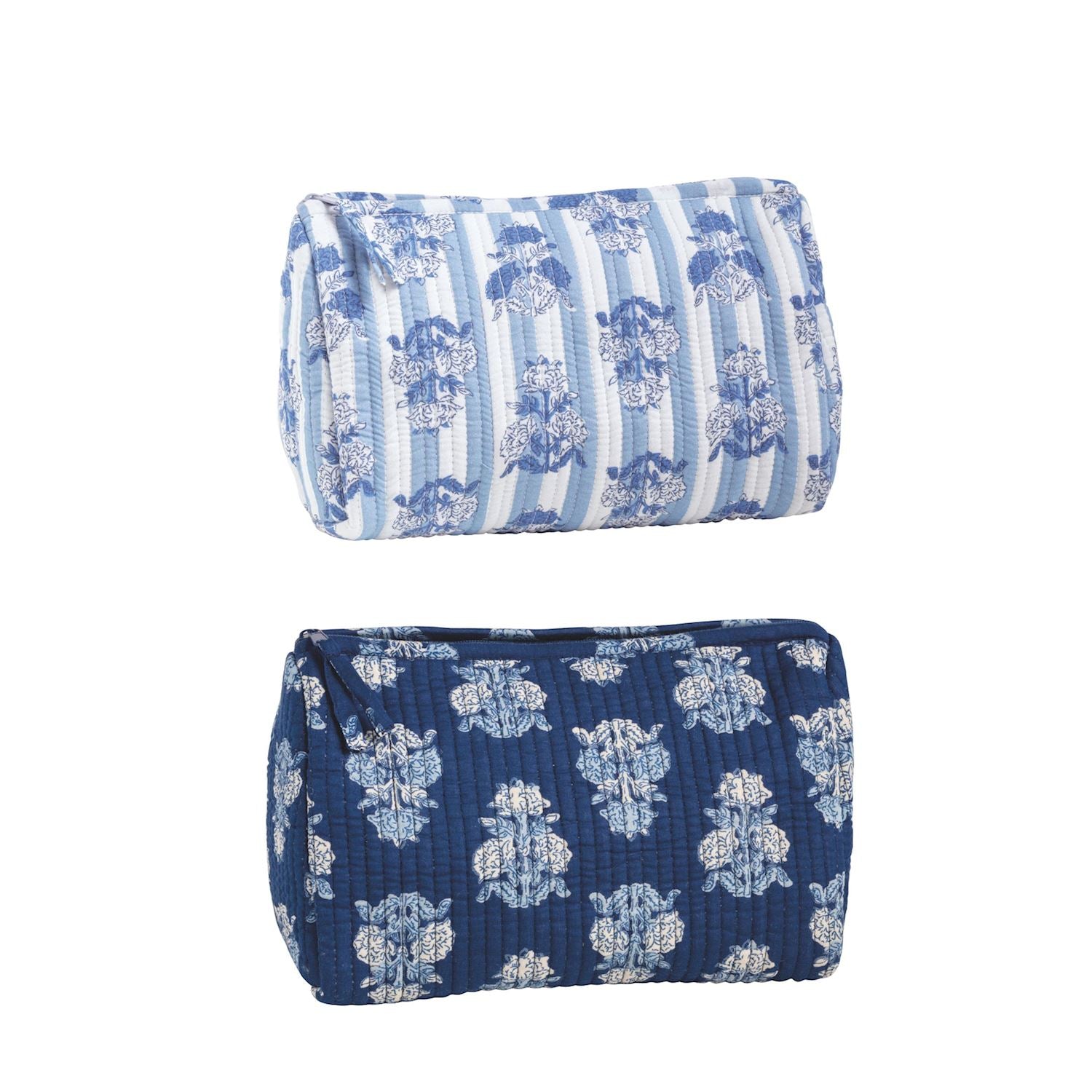light blue fabric case above a navy fabric case