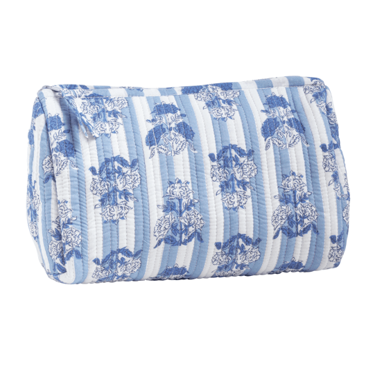 Blue and white striped pouch with floral patterns on a white background