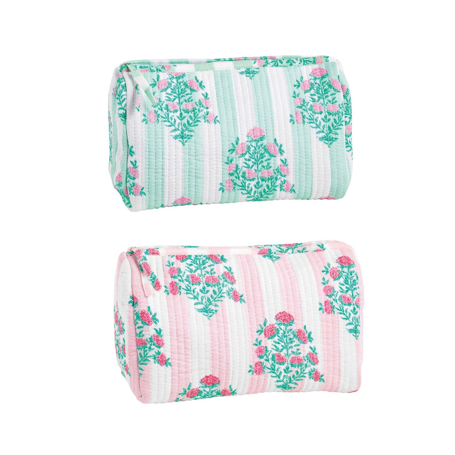 green fabric case above a pink fabric case
