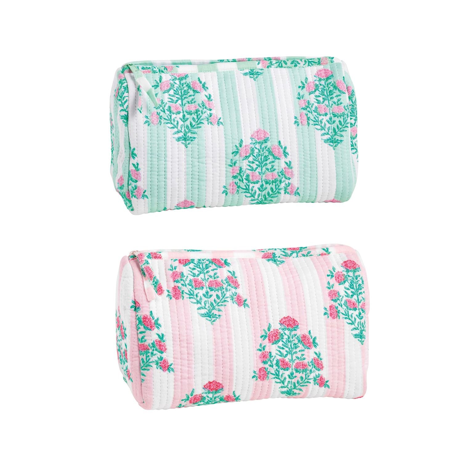 green fabric case above a pink fabric case