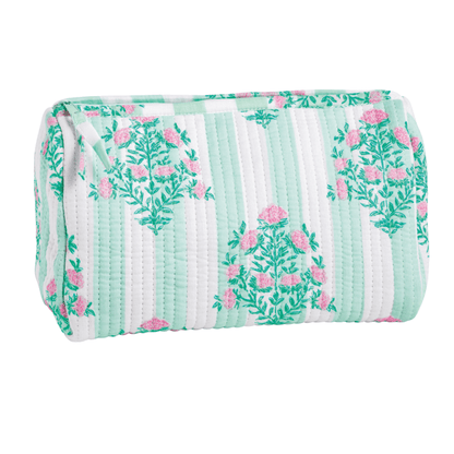 green and white stripe zipper pouch with pink floral design shown on a white background