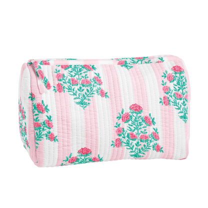 pink and white striped zipper pouch with bright pink floral design shown on a white background