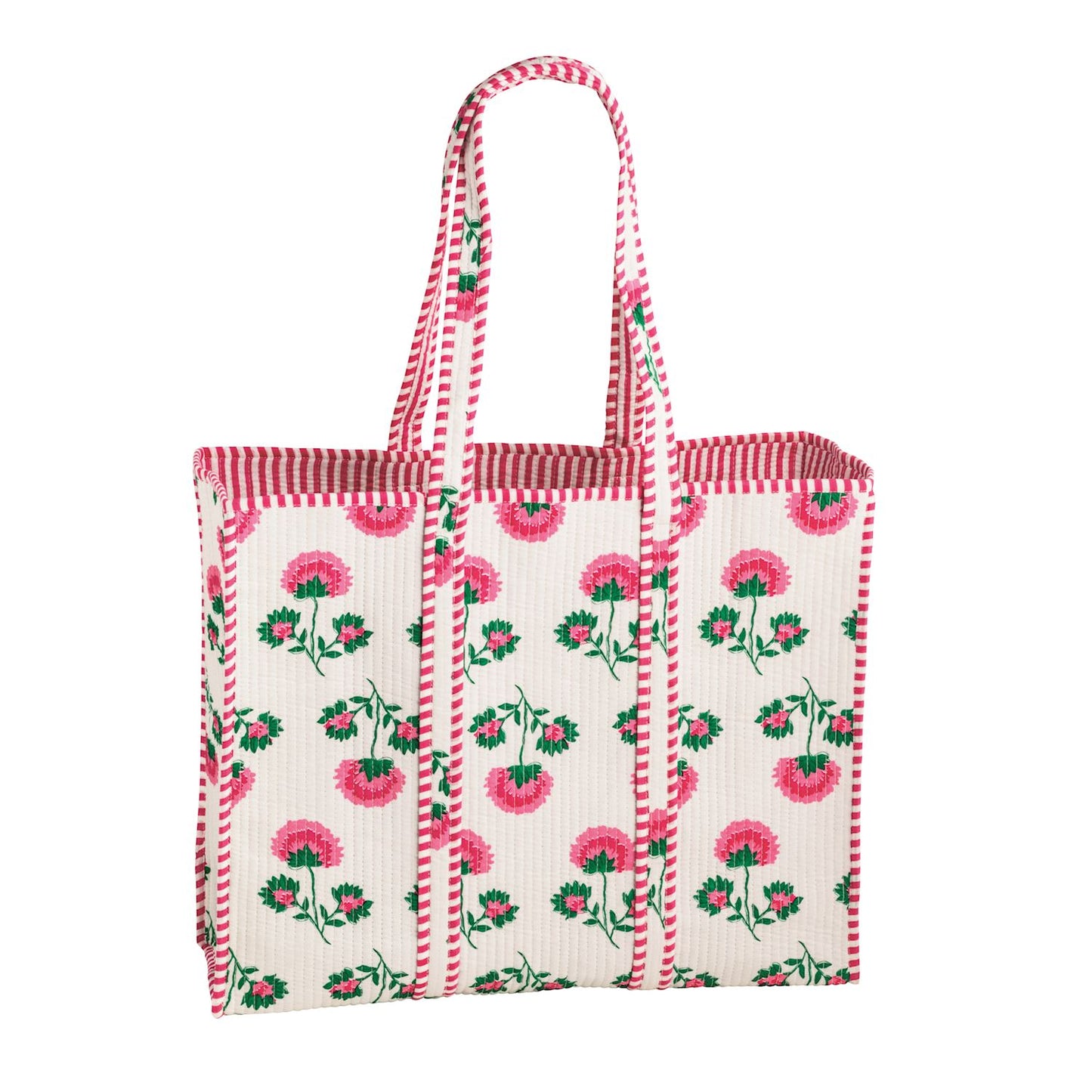 pink block print tote bag covered in peony
