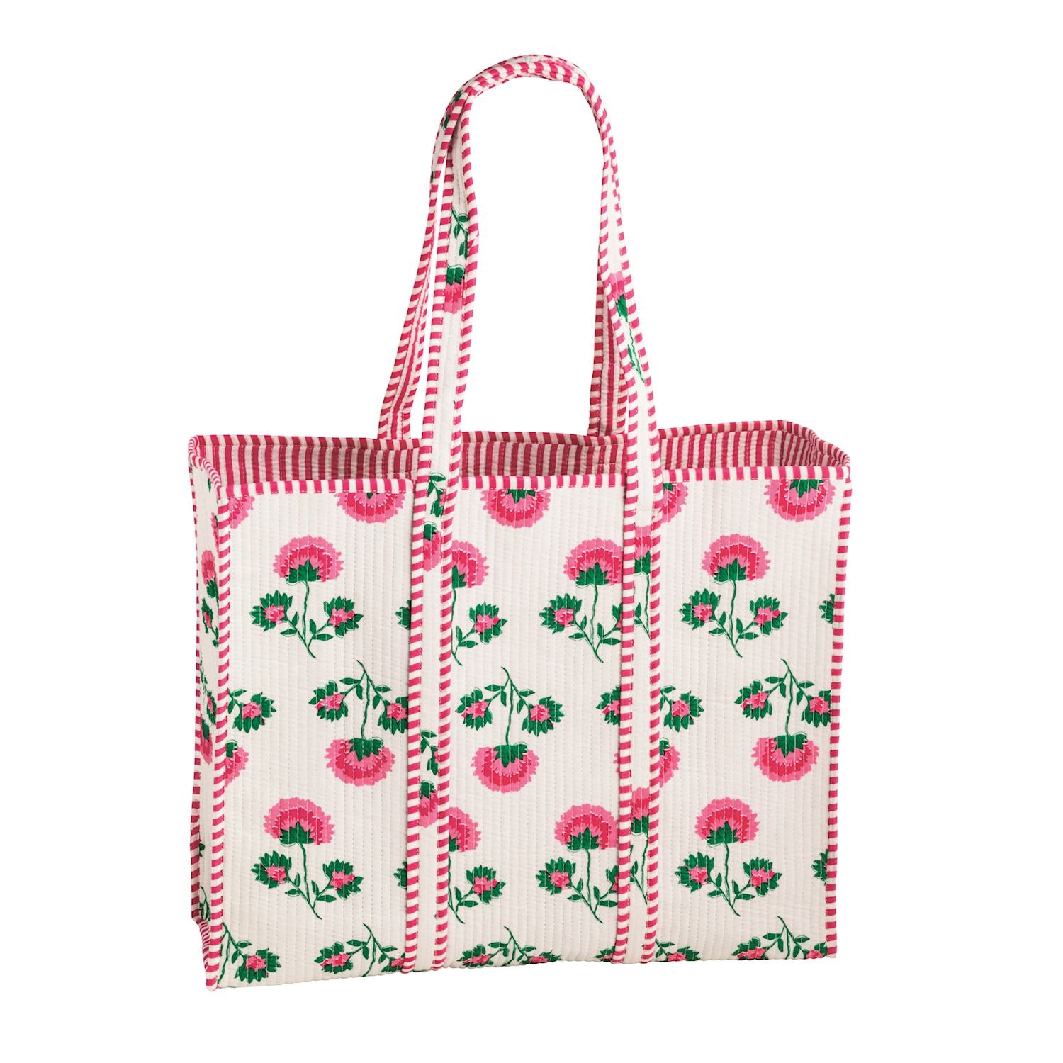 pink block print tote bag covered in peony