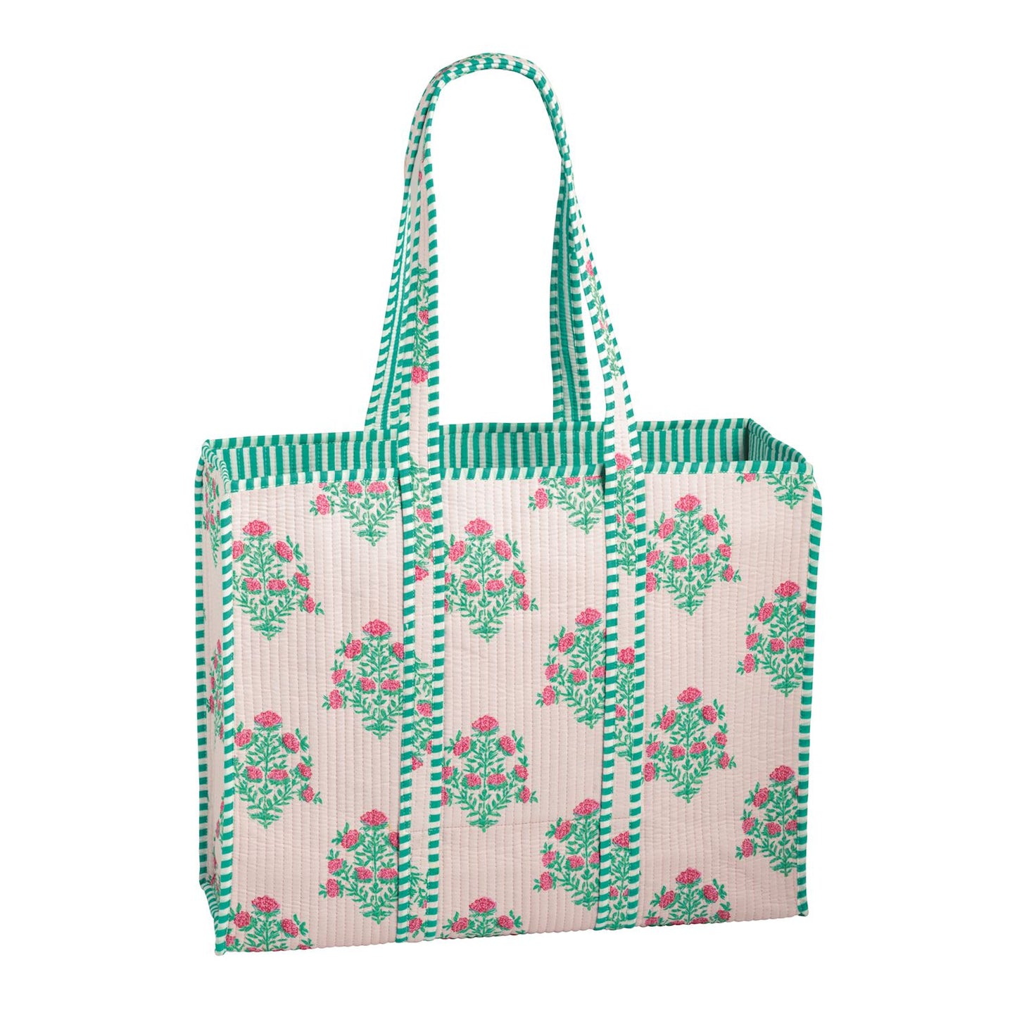 pink block print tote bag covered in dahlia