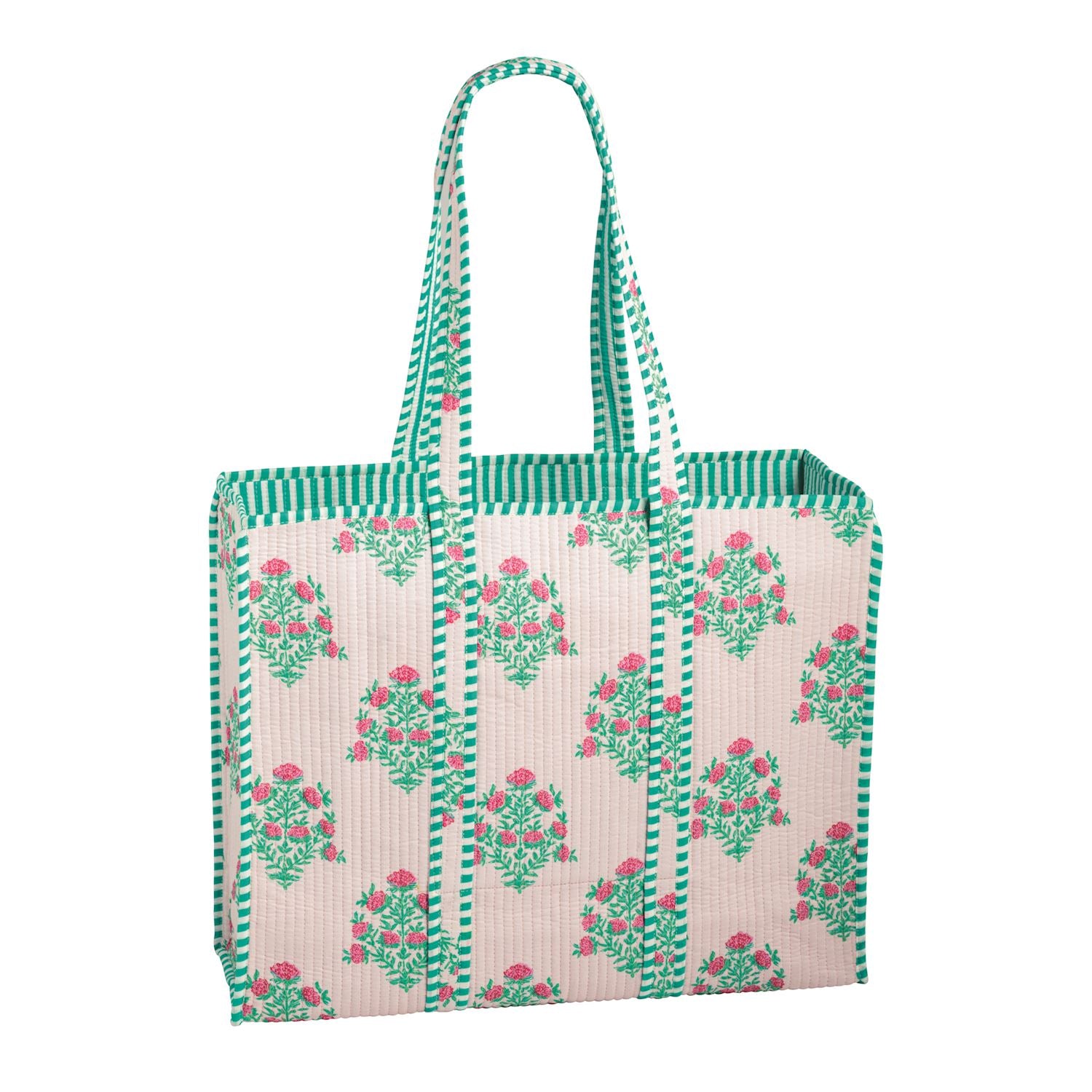 pink block print tote bag covered in dahlia