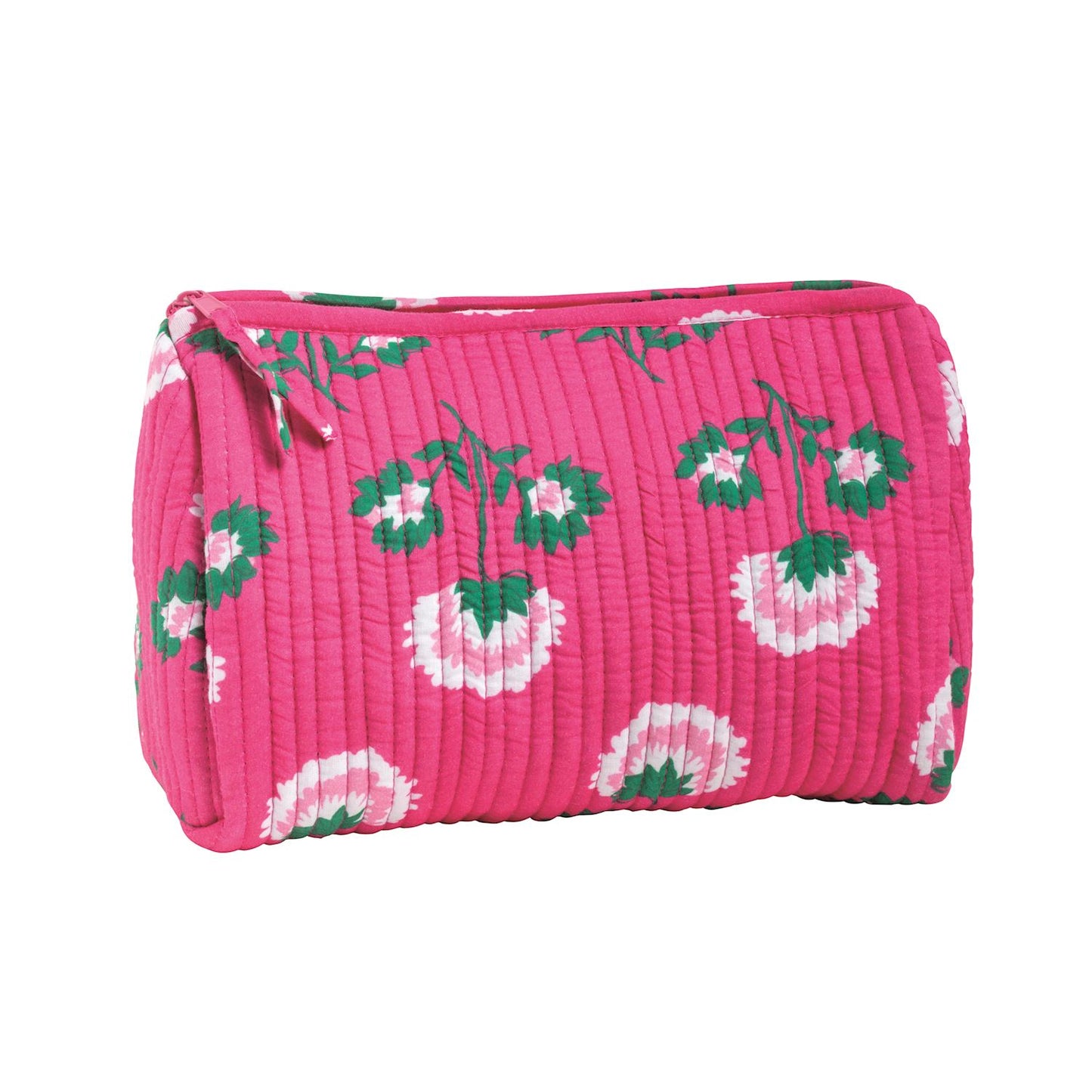 Bright pink zippered pouch with pale pink and green floral design.