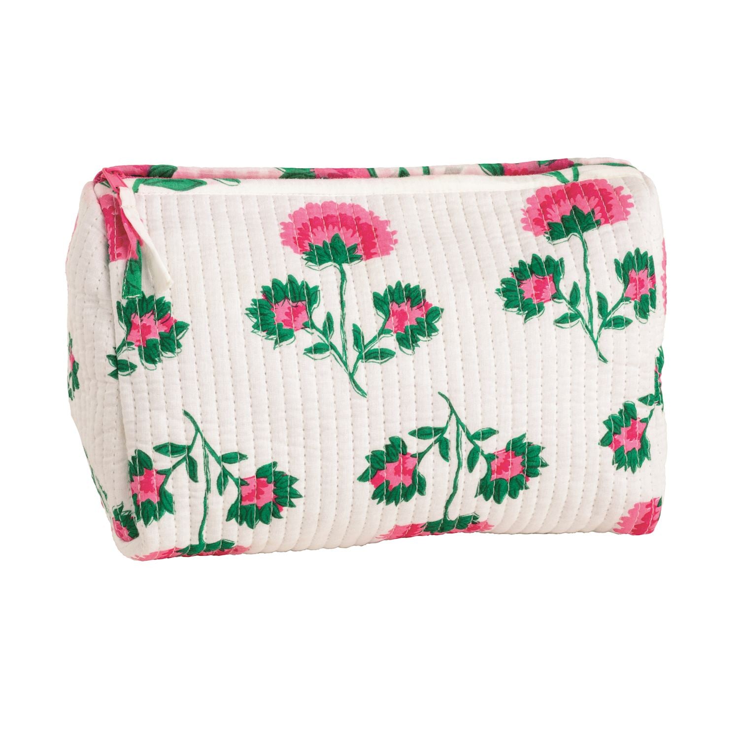 White zippered pouch. Bright pink and green floral design.