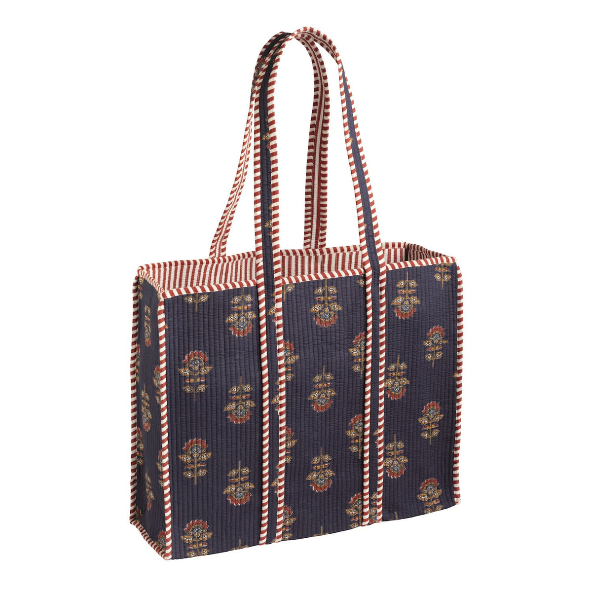 navy harvest block print tote shown on a white background