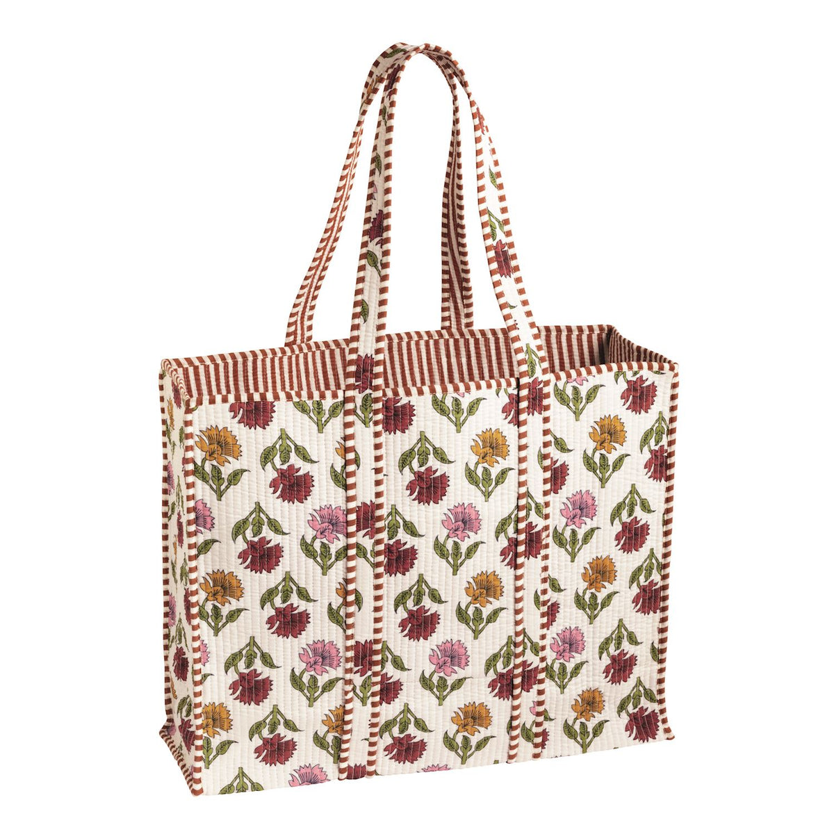 multi color harvest block print tote shown on a white background