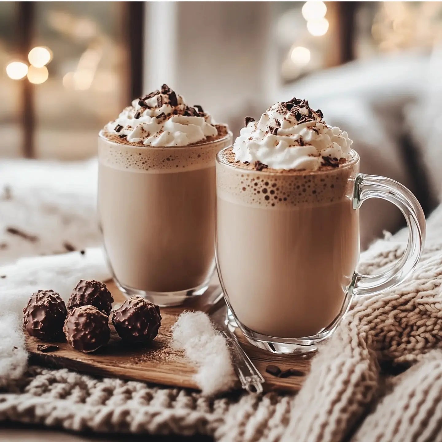 2 beverages in glasses topped with whip cream set on a wood tray with chocolates on a blanket