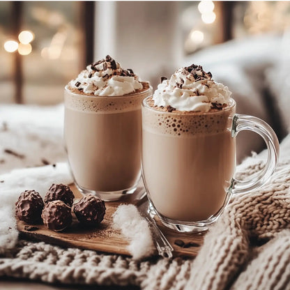 2 beverages in glasses topped with whip cream set on a wood tray with chocolates on a blanket