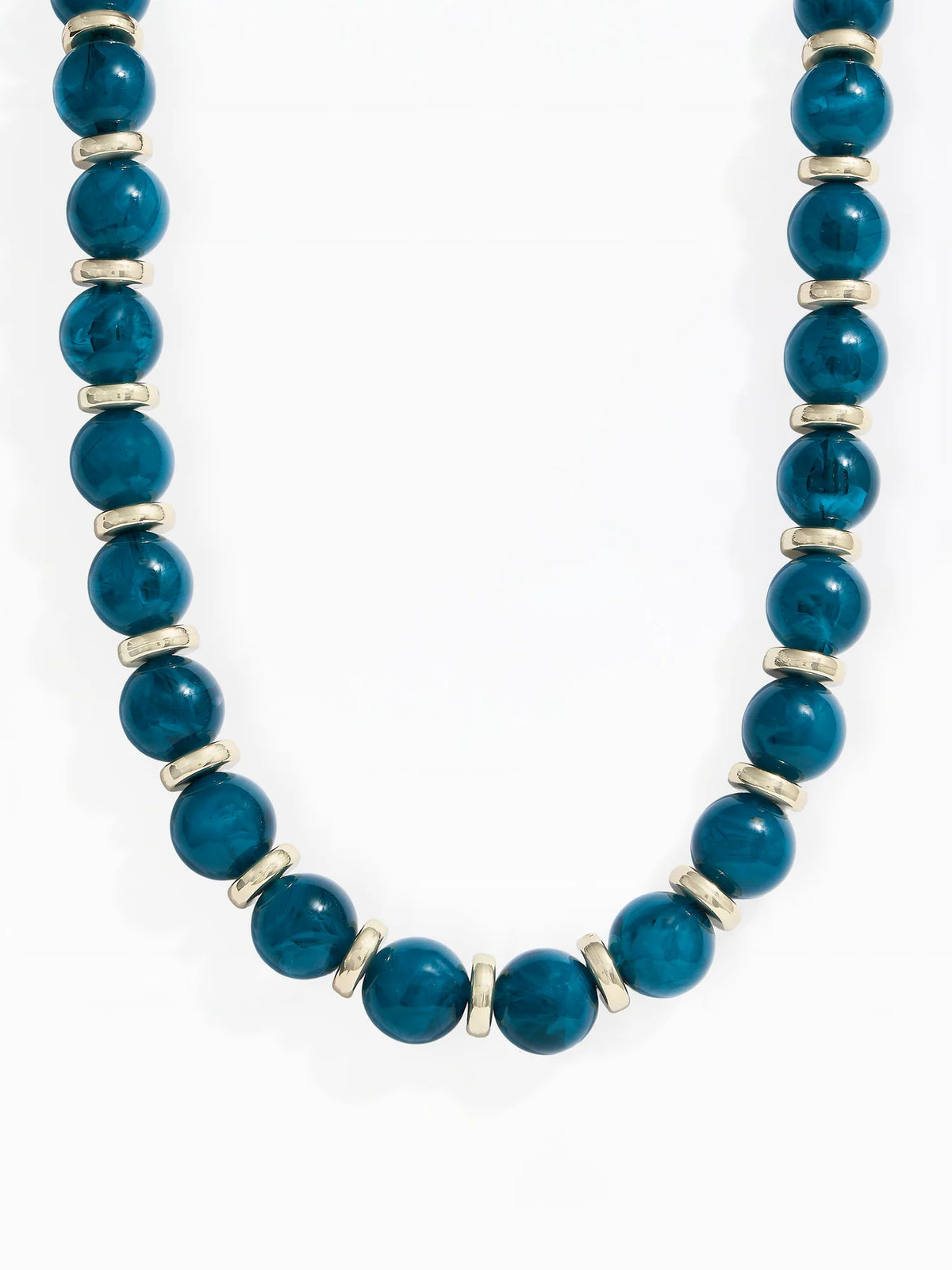 A beaded necklace featuring round teal-blue beads separated by small metallic gold spacer rings, displayed against a clean white background.