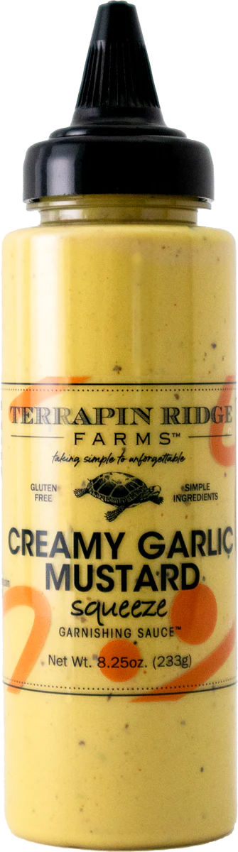 bottle of creamy garlic mustard squeeze.