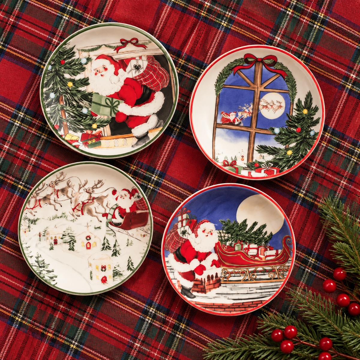 4 assorted tidbit dishes arranged on a red tartan cloth with a sprig of greenery on the side