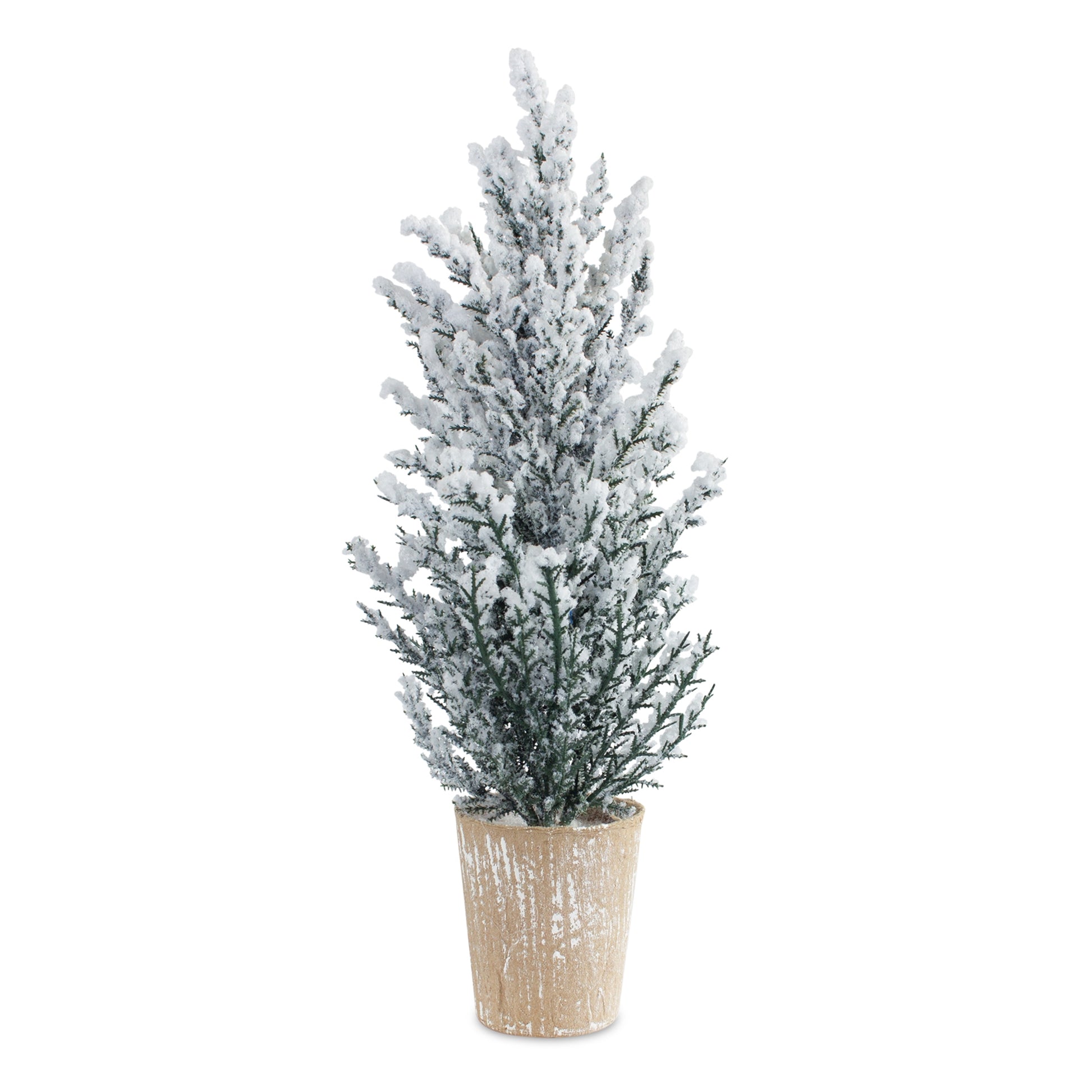 potted snowy pine tree displayed against a white background