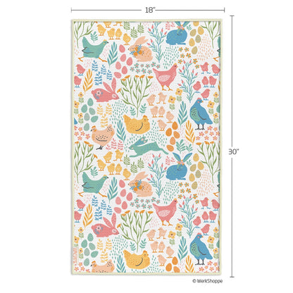 springtime friends microfiber dishtowel next to measurments