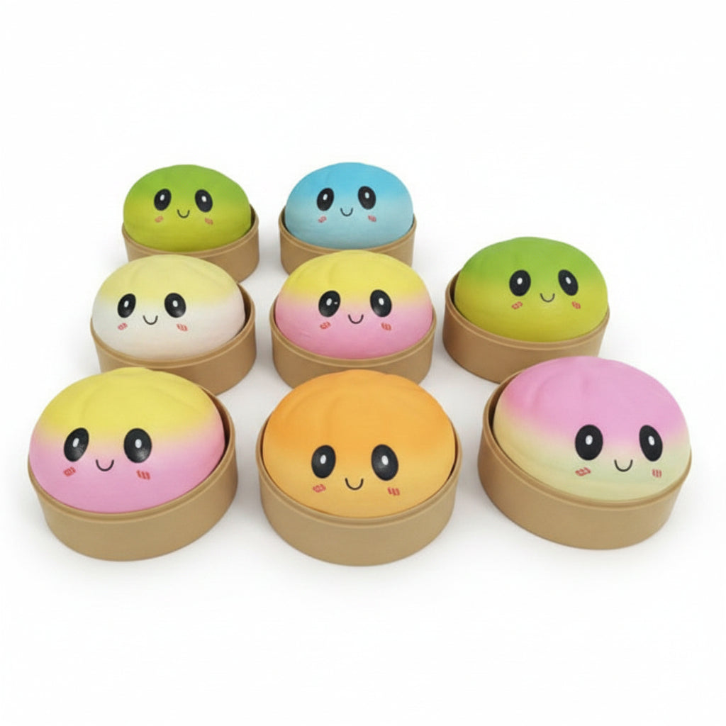 8 squish steam buns on a white background