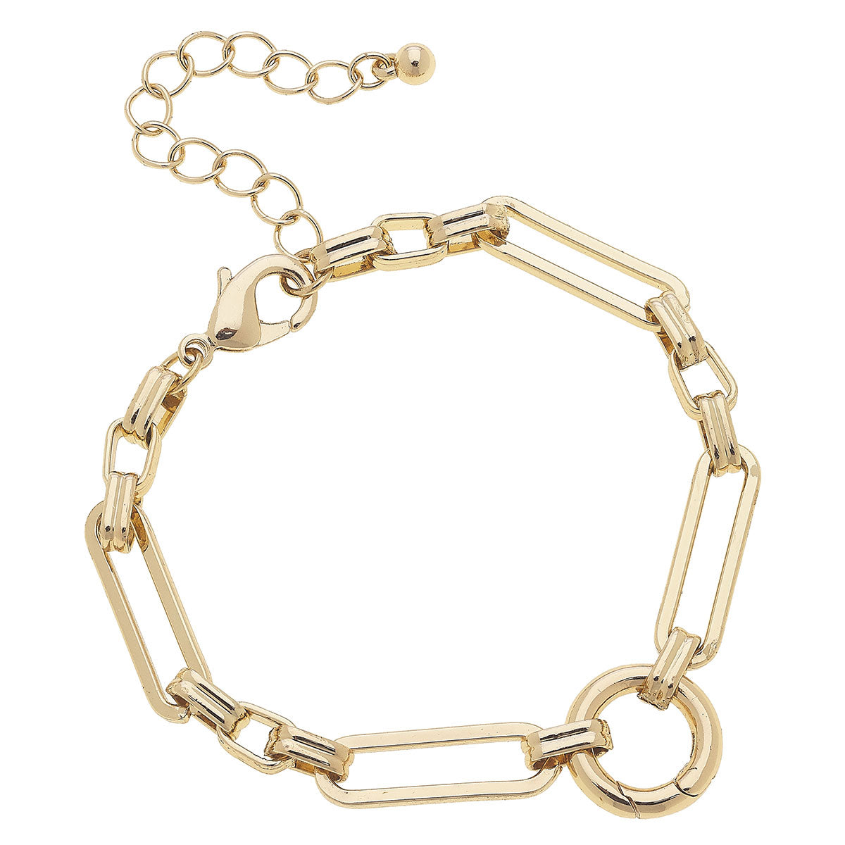 Gold link chain bracelet on a white background