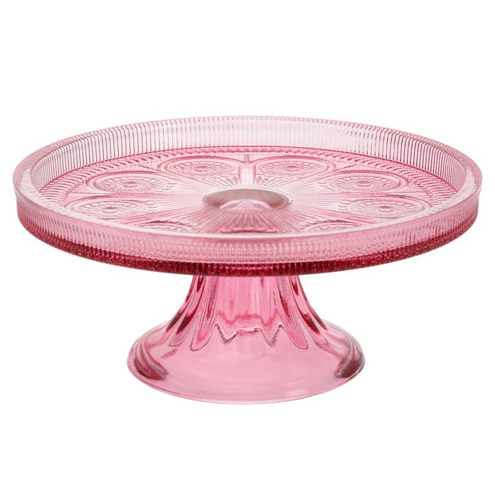 Pink Codi Glass Cake Stand shown on a white background