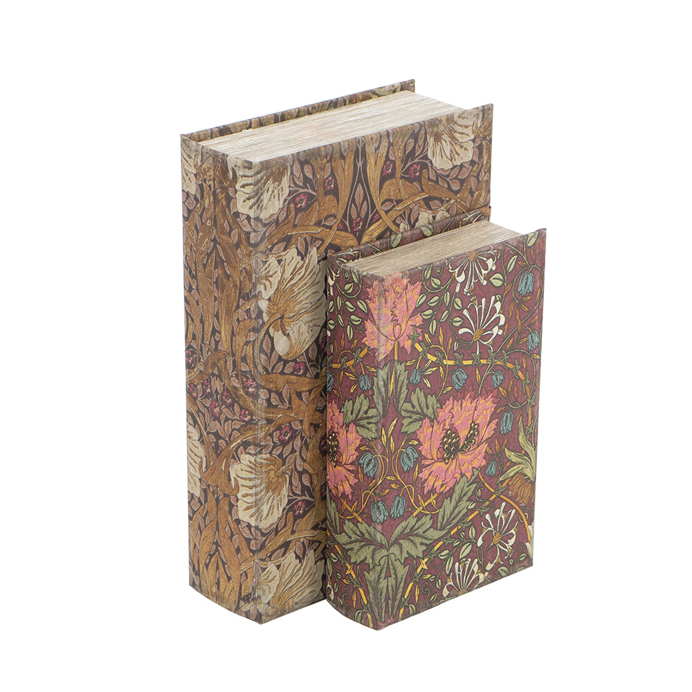 Two decorative book boxes with vintage floral and botanical patterns, standing upright against a plain white background.