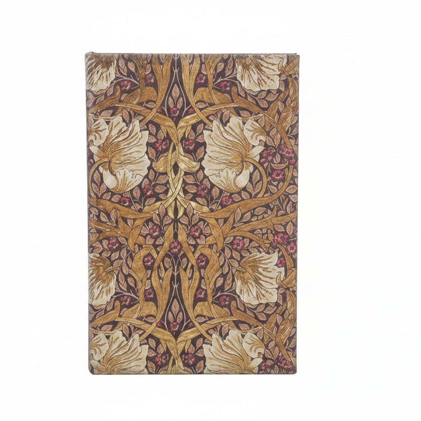 A rectangular book box with an intricate Art Nouveau floral pattern in shades of gold, beige, brown, and muted purple, shown against a plain white background.