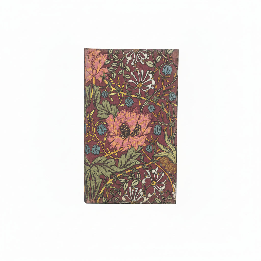 A vintage floral patterned book box  with a deep burgundy background and a detailed botanical design featuring pink, white, and blue flowers with green leaves.