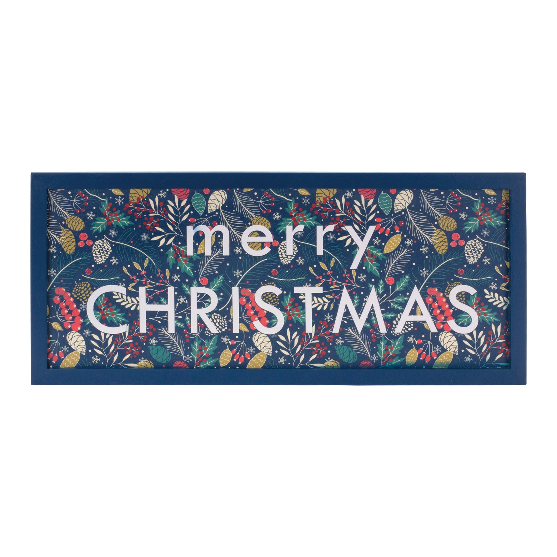 merry christmas sign is blue with white text and colorful pinecones displayed against a white background