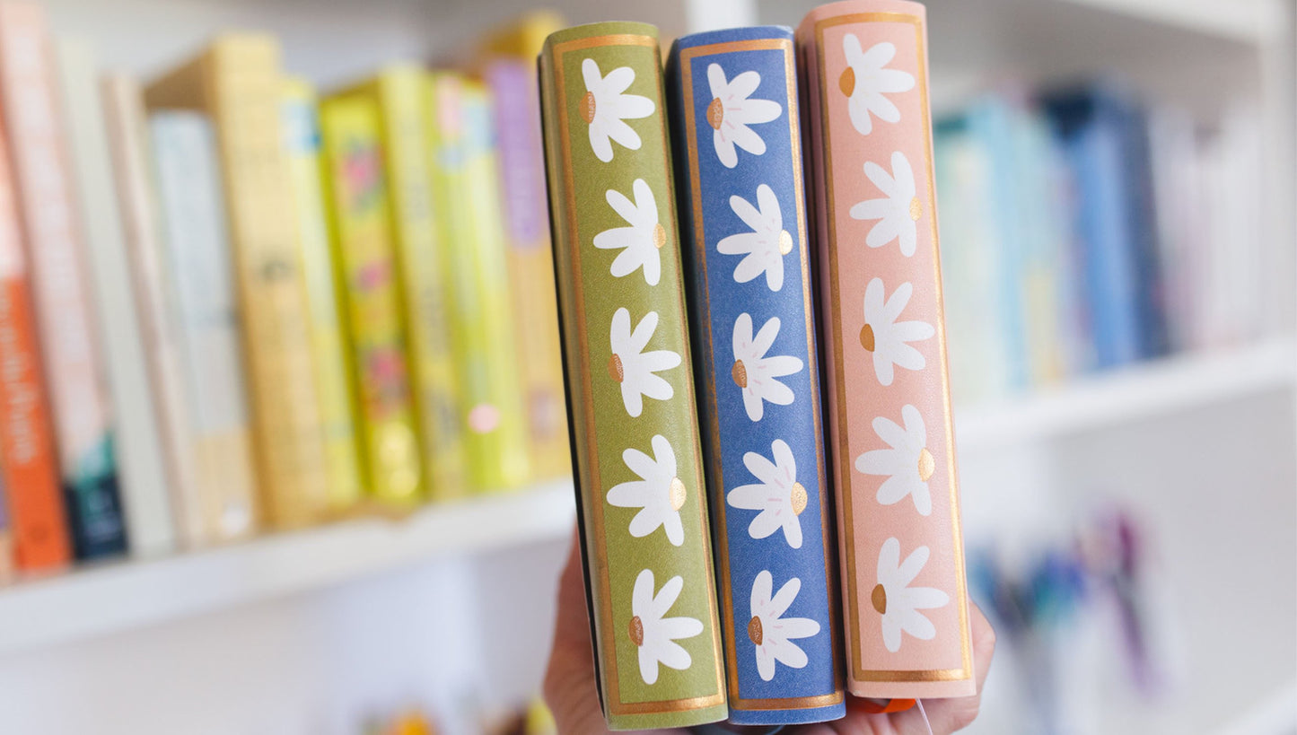 spines of 3 assorted colors of book journals