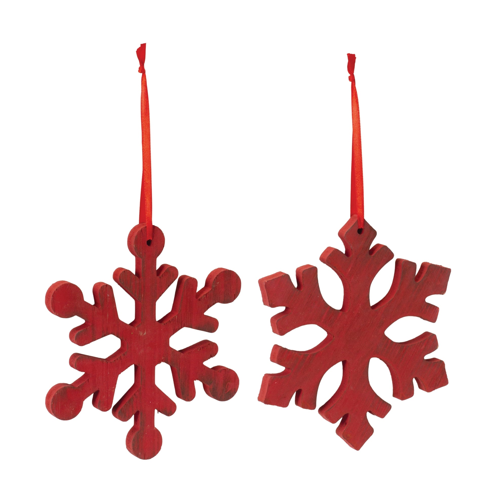 both styles of snowflake ornaments displayed on a white background