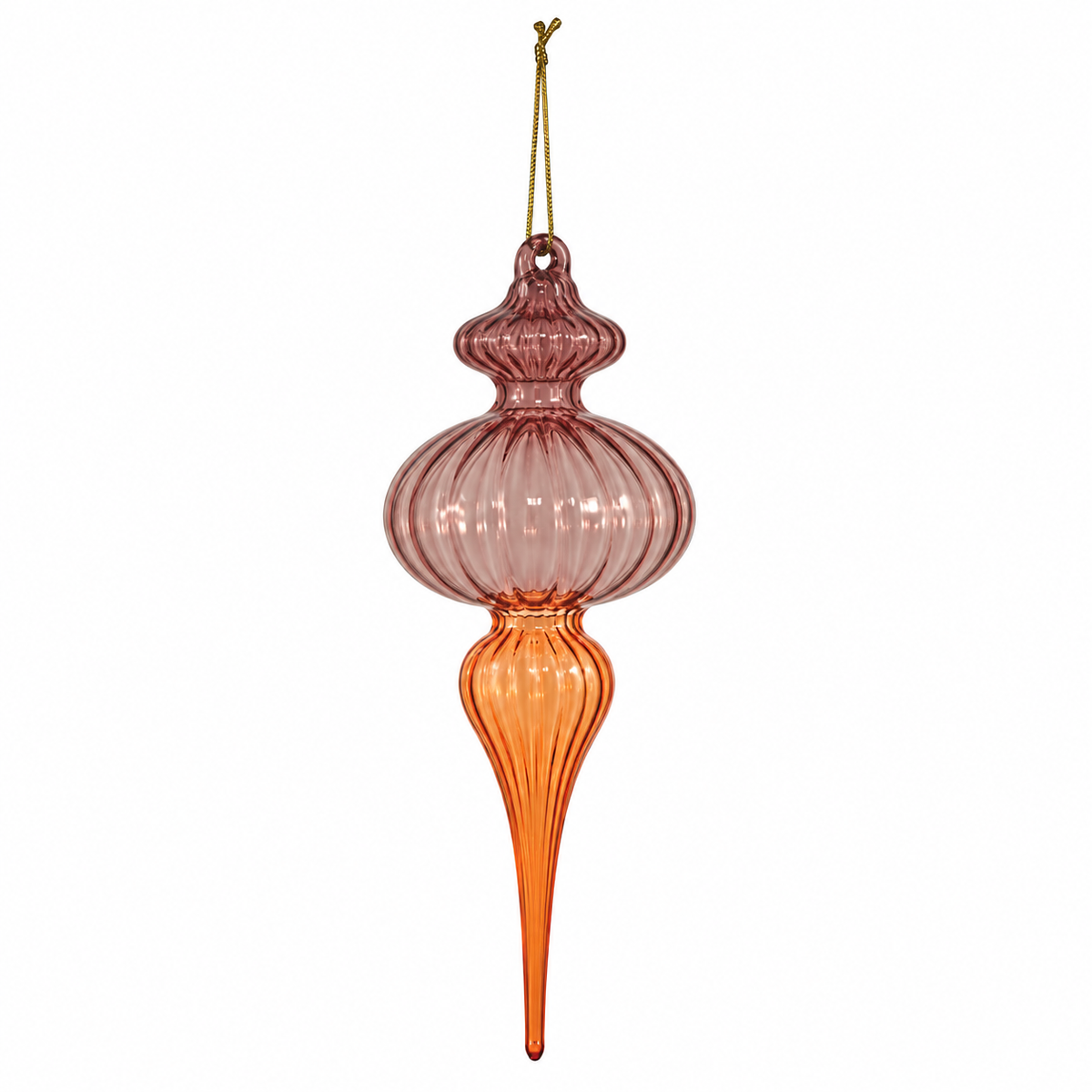 A ribbed glass finial Christmas ornament in a gradient of orange to purple, featuring a hanging loop at the top, shown against a plain white background.