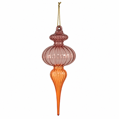 A ribbed glass finial Christmas ornament in a gradient of orange to purple, featuring a hanging loop at the top, shown against a plain white background.