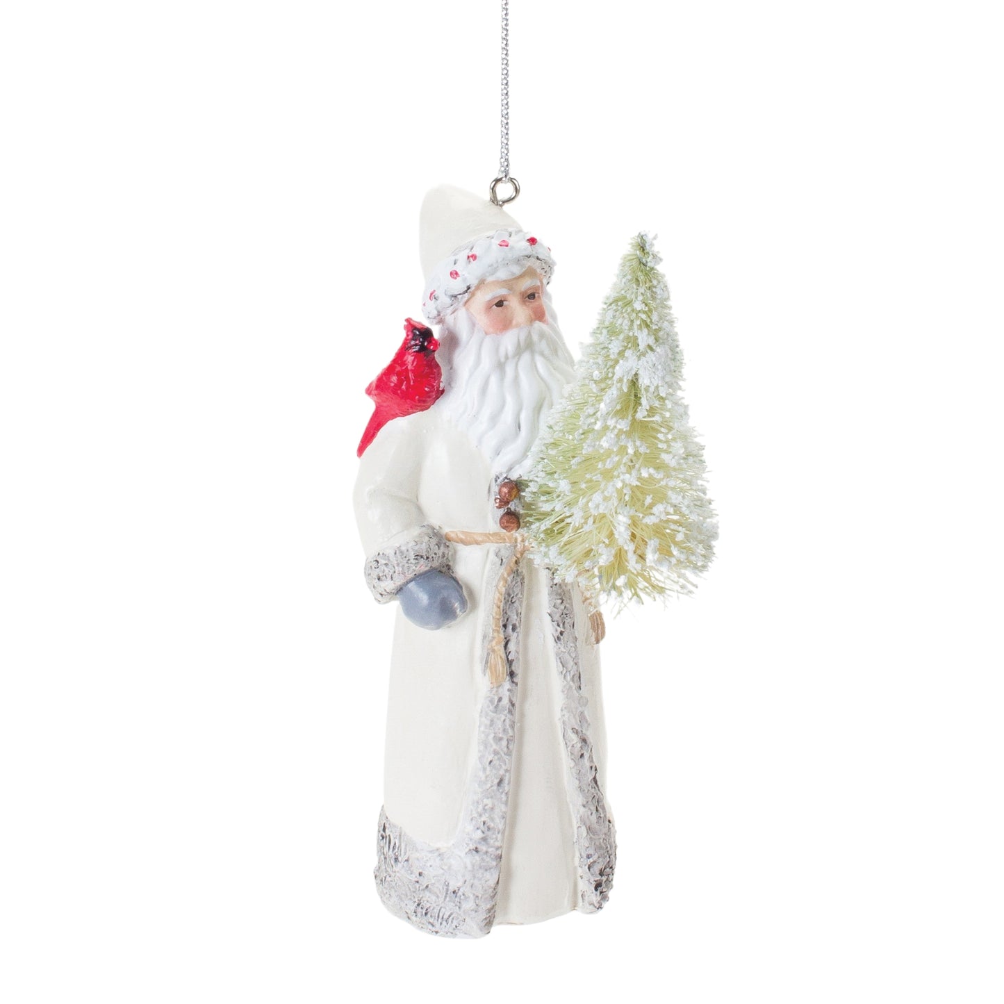 santa wearing a white robe with a cardinal on its shoulder and holding a tree displayed against a white background