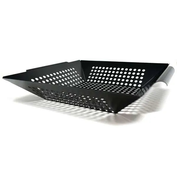 angled side view of black square grilling wok on a white background.