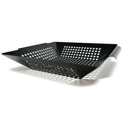 angled side view of black square grilling wok on a white background.